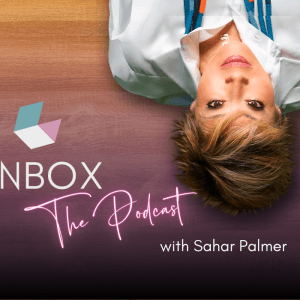 Sahar lying upside down announcing Unbox The Podcast