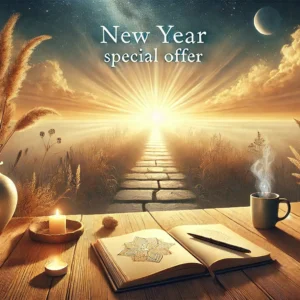 A serene and inspiring image to promote a New Year special offer. The scene depicts a tranquil setting with a symbolic path leading into a bright sun