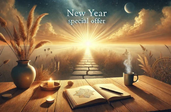 A serene and inspiring image to promote a New Year special offer. The scene depicts a tranquil setting with a symbolic path leading into a bright sun