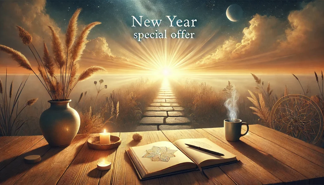 A serene and inspiring image to promote a New Year special offer. The scene depicts a tranquil setting with a symbolic path leading into a bright sun