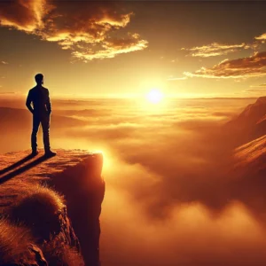 A person stands on a cliff at sunrise, reflecting on success and self-worth while gazing at the vast horizon