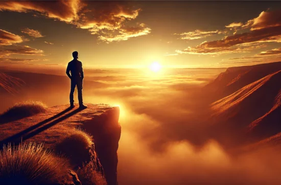 A person stands on a cliff at sunrise, reflecting on success and self-worth while gazing at the vast horizon