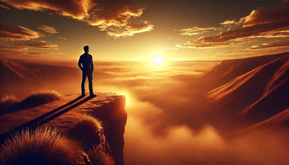 A person stands on a cliff at sunrise, reflecting on success and self-worth while gazing at the vast horizon