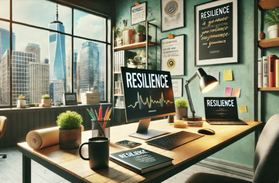 A modern and inspiring entrepreneur's office featuring a stylish desk with a sleek laptop displaying the word 'RESILIENCE' on the screen, a cup of coffee, and a notepad. In the background, a bookshelf is filled with business and self-help books, and the walls are adorned with inspirational posters about resilience and growth. A large window offers a view of a bustling cityscape, adding to the energetic and motivational ambiance of the space