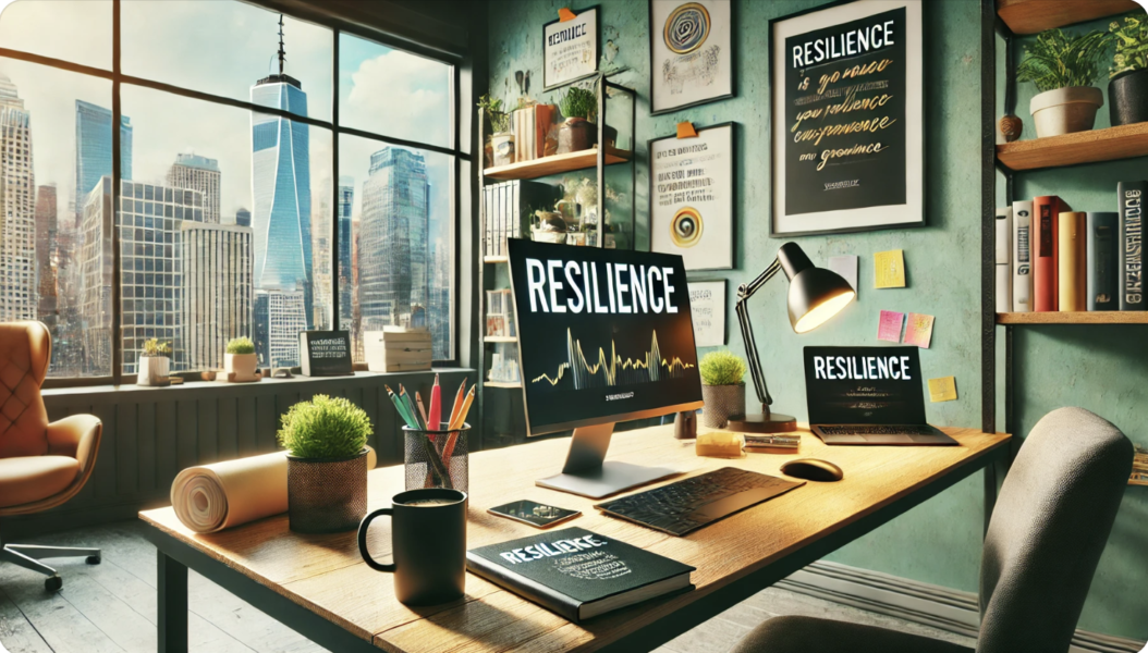 A modern and inspiring entrepreneur's office featuring a stylish desk with a sleek laptop displaying the word 'RESILIENCE' on the screen, a cup of coffee, and a notepad. In the background, a bookshelf is filled with business and self-help books, and the walls are adorned with inspirational posters about resilience and growth. A large window offers a view of a bustling cityscape, adding to the energetic and motivational ambiance of the space